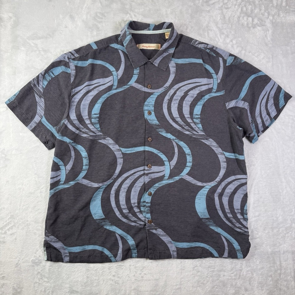 Tommy Bahama Silk Button Up Shirt Men's XLX Grey‎ Blue Beach Vacation Resortwear